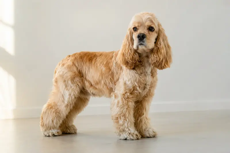 Aufmerksamer American Cocker Spaniel steht vor neutralem Hintergrund in natürlicher Haltung.