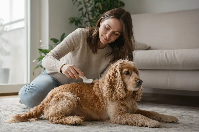 Ein American Cocker Spaniel wird zuhause liebevoll gebürstet, während der Besitzer auf die Fellpflege achtet.