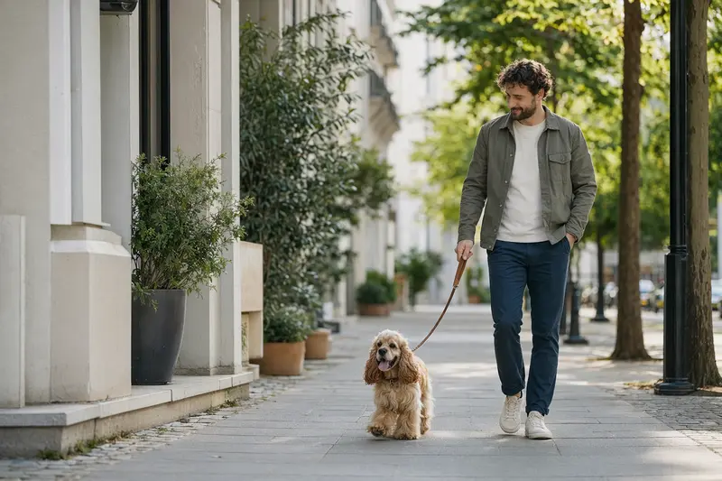 Ein American Cocker Spaniel läuft an der Leine mit seinem Besitzer durch eine moderne Stadtstraße in entspannter Atmosphäre.