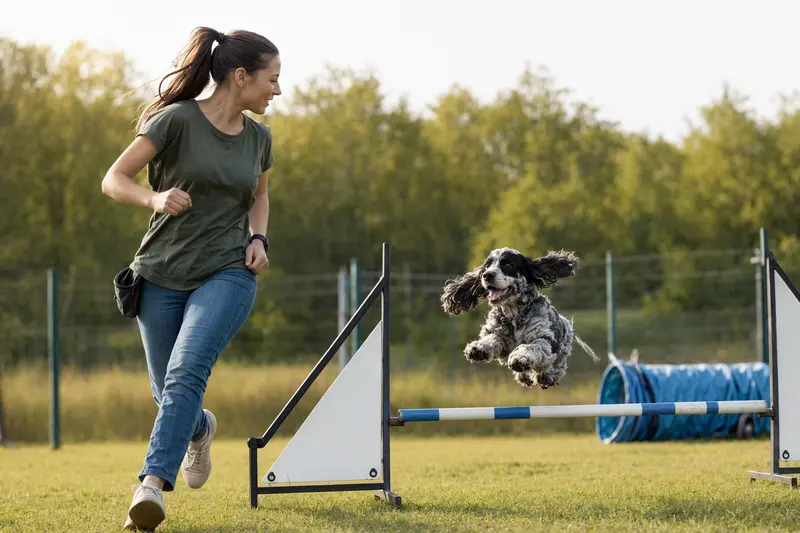 Ein American Cocker Spaniel springt beim Hundetraining mit seinem Besitzer über eine kleine Hürde auf dem Hundeplatz.