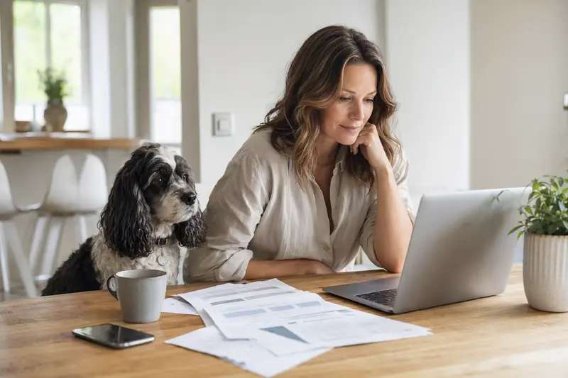 Ein American Cocker Spaniel sitzt entspannt neben seinem Besitzer am Küchentisch, auf dem Versicherungsunterlagen und ein Laptop liegen.