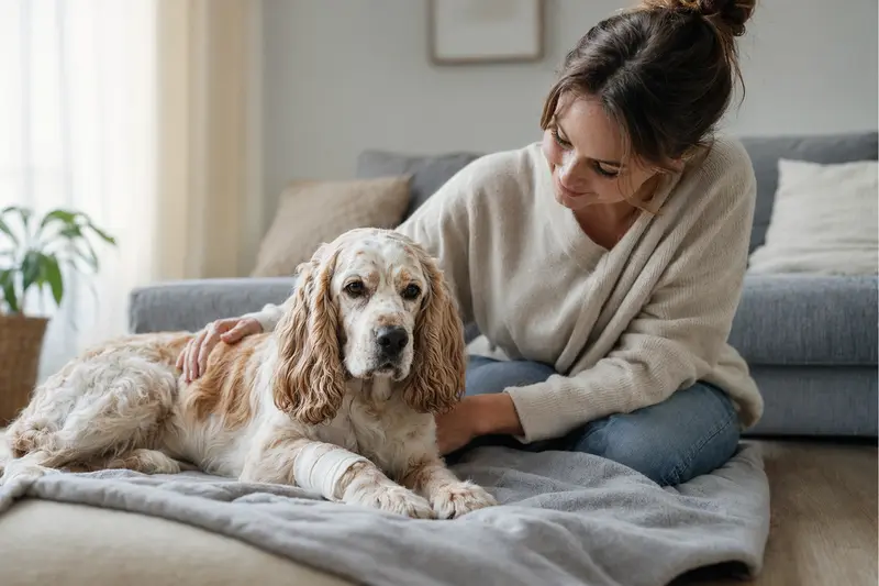 Ein American Cocker Spaniel mit Verband liegt entspannt neben seinem Besitzer in einer hellen Wohnung.
