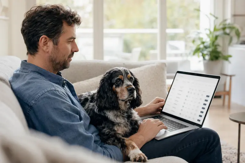 Ein Hundehalter arbeitet mit seinem Laptop auf dem Sofa, während ein American Cocker Spaniel daneben sitzt, was eine ruhige und sichere Umgebung für Versicherungsentscheidungen darstellt.