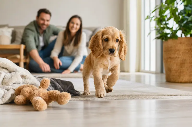 Ein neugieriger American Cocker Spaniel Welpe erkundet glücklich sein neues Zuhause mit weicher Decke und Spielzeug, während eine liebevolle Familie im Hintergrund zu sehen ist.