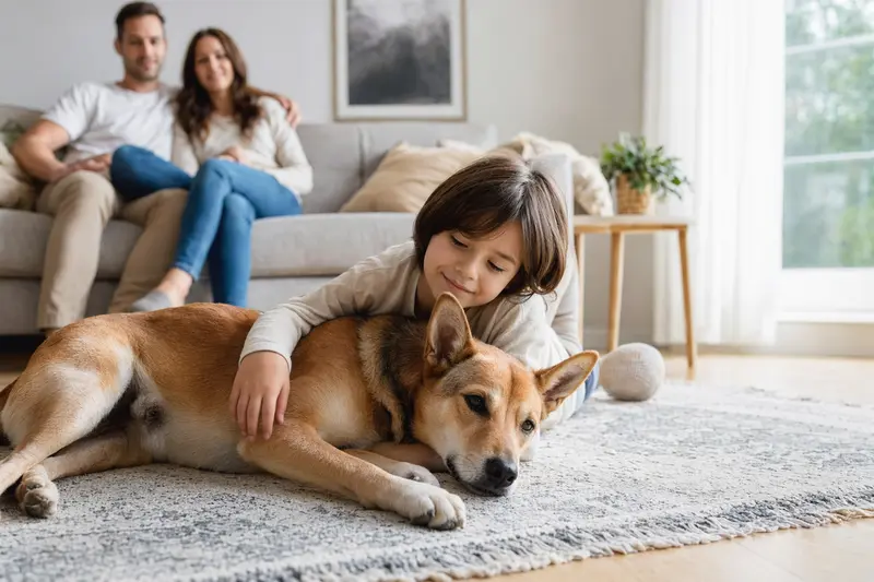 Ein American Dingo Hund liegt entspannt neben einem Kind im Wohnzimmer, umgeben von Eltern in einer warmen Familienatmosphäre.