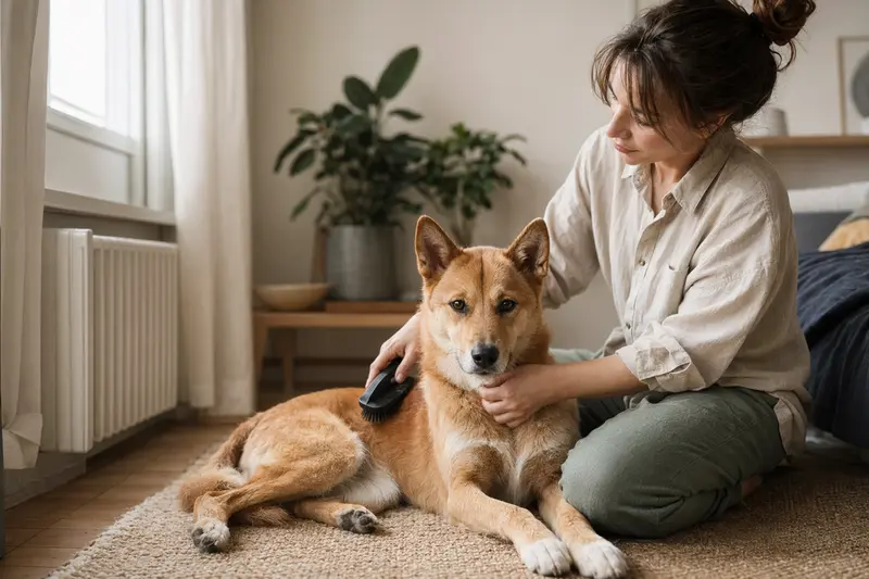 Ein American Dingo wird liebevoll von seinem Besitzer zuhause gebürstet, was die Bedeutung von Fellpflege für die Gesundheit des Hundes zeigt.