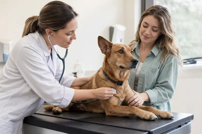 Ein American Dingo Hund wird von einer freundlichen Tierärztin auf einem Untersuchungstisch in einer modernen Praxis mit einem Stethoskop untersucht, während sein beruhigter Besitzer daneben steht.