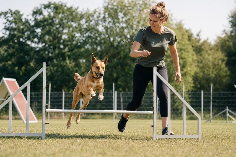 Ein American Dingo springt mit seinem Besitzer über eine kleine Trainingshürde auf dem Hundeplatz.