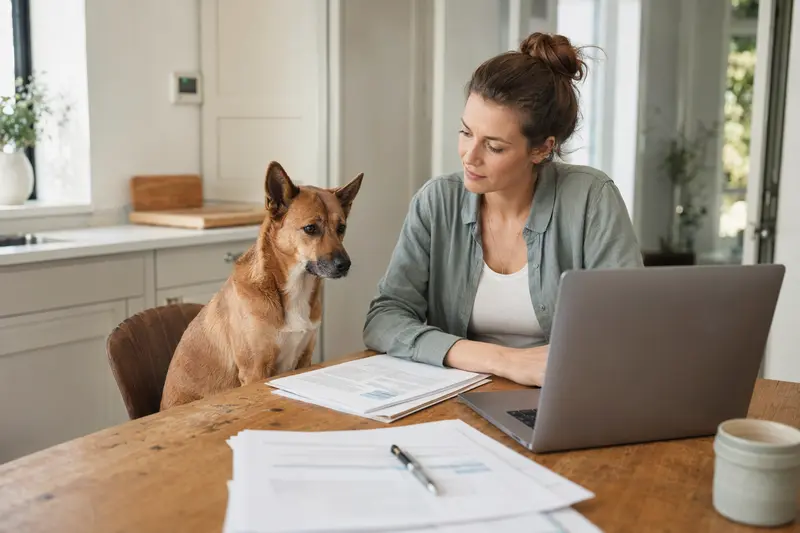Ein American Dingo Hund sitzt neben seinem Besitzer am Küchentisch, auf dem Versicherungsunterlagen und ein Laptop mit einer Vergleichsseite liegen.