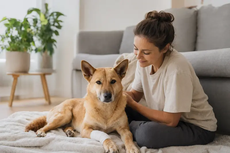 Ein American Dingo Hund mit leichtem Verband an der Pfote liegt entspannt auf einer Decke, während sein Besitzer daneben sitzt und erleichtert aussieht.