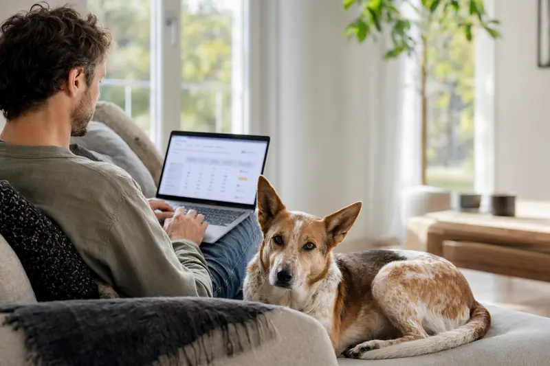 Besitzer mit Laptop auf dem Sofa und American Dingo Hund, der einen sicheren Versicherungsvergleich für Tierhaltungen zeigt.