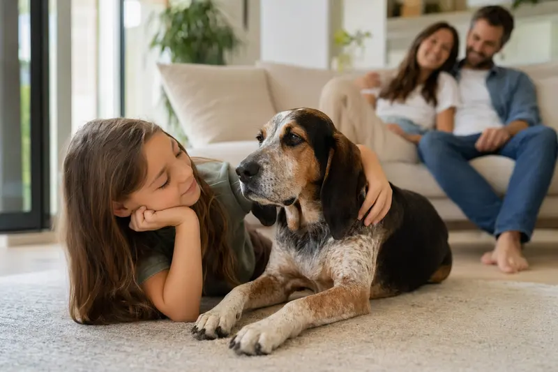 Ein amerikanischer English Coonhound liegt entspannt neben einem Kind im Wohnzimmer und vermittelt Vertrauen in einer hellen, familiären Atmosphäre.
