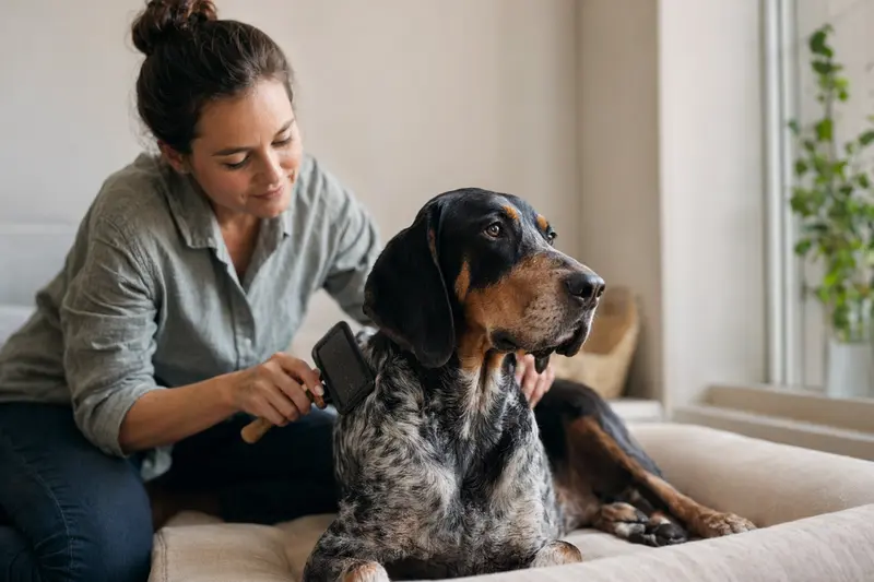 Ein American English Coonhound wird liebevoll von seinem Besitzer in einer hellen Wohnung gebürstet.