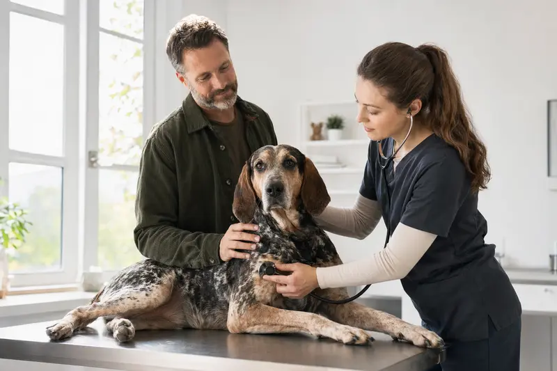 Eine freundliche Tierärztin untersucht einen American English Coonhound Hund auf einem Untersuchungstisch in einer modernen Tierarztpraxis.