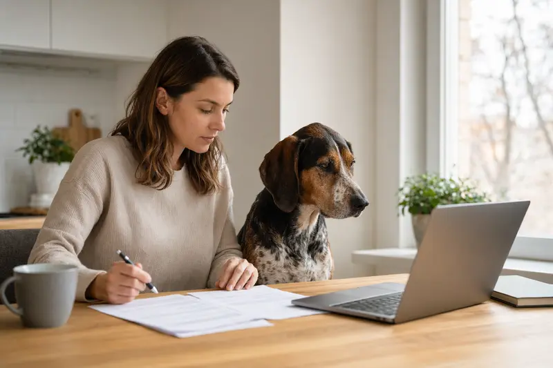 Ein American English Coonhound sitzt ruhig neben seinem Besitzer am Küchentisch mit Versicherungsunterlagen und einem Laptop.
