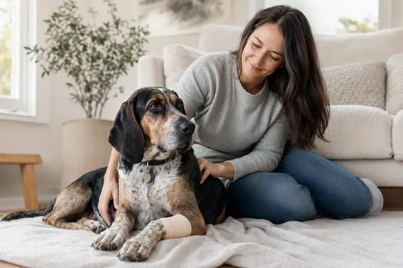 Ein American English Coonhound liegt mit leichtem Verband an der Pfote auf einer Decke, während sein Besitzer erleichtert daneben sitzt.