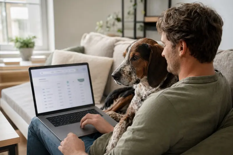Ein Besitzer sitzt mit einem American English Coonhound auf dem Sofa und vergleicht Tierversicherungen am Laptop.
