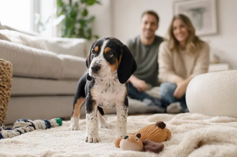 Ein neugieriger American English Coonhound Welpe erkundet seine neue Wohnung mit einer weichen Decke und Spielzeug.