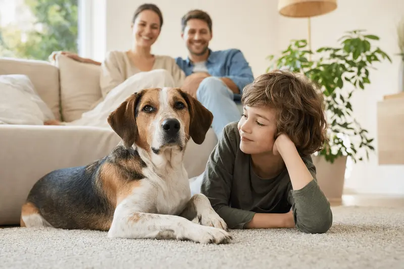 Ein freundlicher American Foxhound Hund sonnt sich entspannt neben einem Kind im Wohnzimmer der Familie.