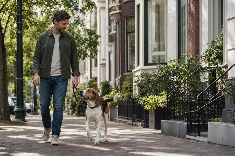 Ein American Foxhound läuft an der Leine mit seinem Besitzer durch eine moderne Stadtstraße.
