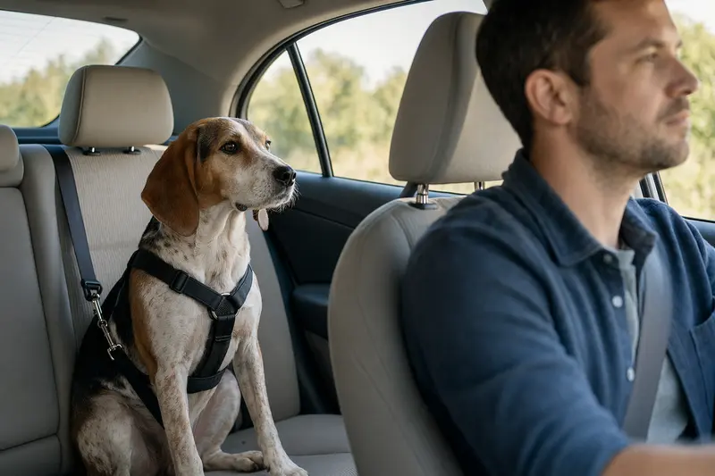 Ein American Foxhound sitzt sicher angeschnallt auf der Rückbank eines Autos, während die Sonne durch das Fenster scheint.
