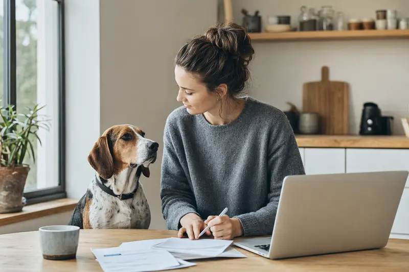 Ein American Foxhound sitzt entspannt neben seinem Besitzer am Küchentisch, während Versicherungsunterlagen und ein Laptop mit einem Vergleichsportal sichtbar sind.