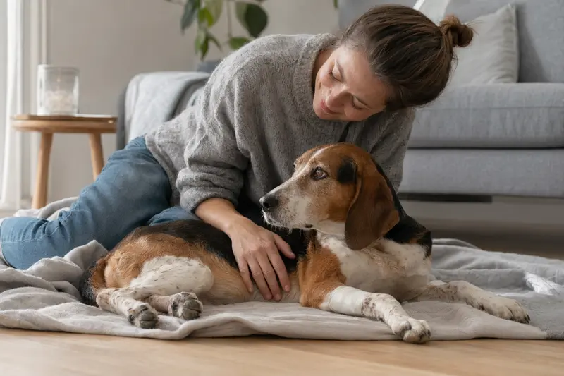 Ein American Foxhound mit leichtem Verband an der Pfote liegt entspannt neben seinem glücklichen Besitzer in einer hellen Wohnung.