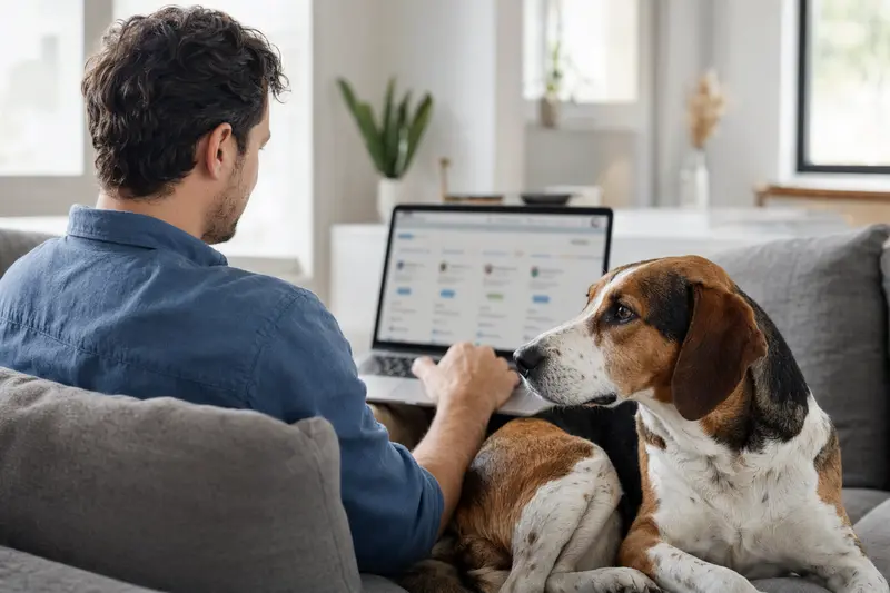 Ein Besitzer sitzt mit einem Laptop auf dem Sofa, während ein American Foxhound daneben sitzt und eine neutrale Versicherungsvergleichs-Oberfläche betrachtet.