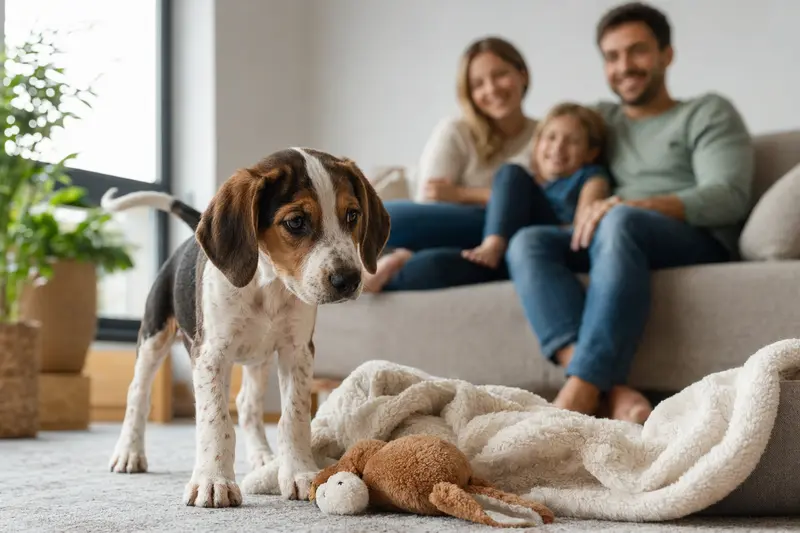 Ein neugieriger American Foxhound Welpe erkundet seine neue, helle Wohnung mit einer liebevollen Familie im Hintergrund.