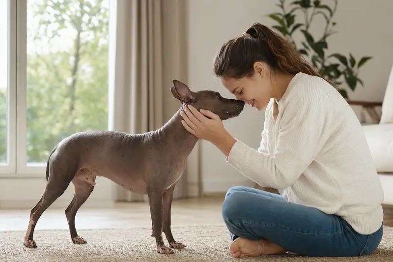 Ein American Hairless Terrier steht aufmerksam vor hellem Hintergrund in natürlicher Haltung und zeigt als Terrier Portrait die typische Körperform der Rasse.