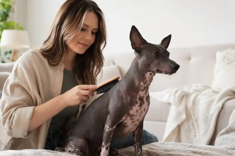 Ein American Hairless Terrier wird in einer hellen Wohnung sanft gebürstet, während sein Besitzer die Fellpflege liebevoll übernimmt.