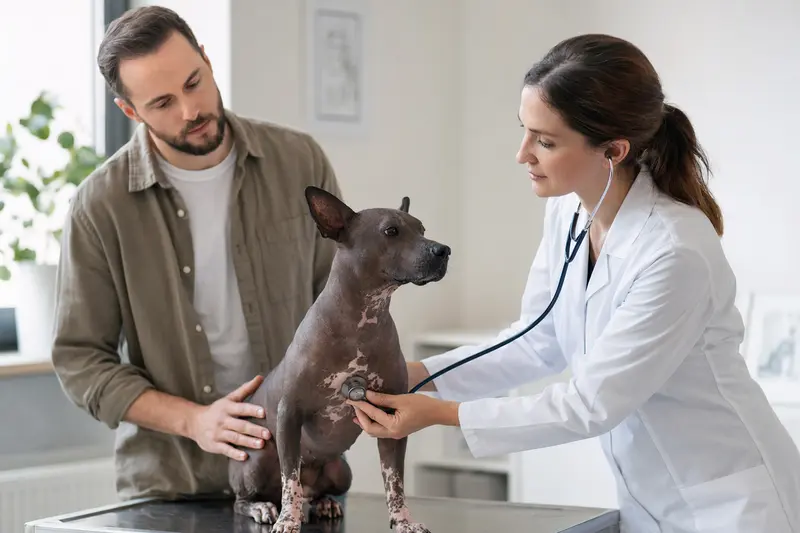 Ein ruhiger American Hairless Terrier wird von einer Tierärztin mit einem Stethoskop untersucht, während der Besitzer beruhigend danebensteht.