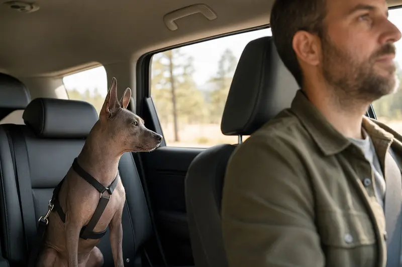 Ein American Hairless Terrier sitzt sicher angeschnallt auf der Rückbank eines Autos, während der Fahrer ruhig fährt und Sonnenlicht durch das Fenster fällt.