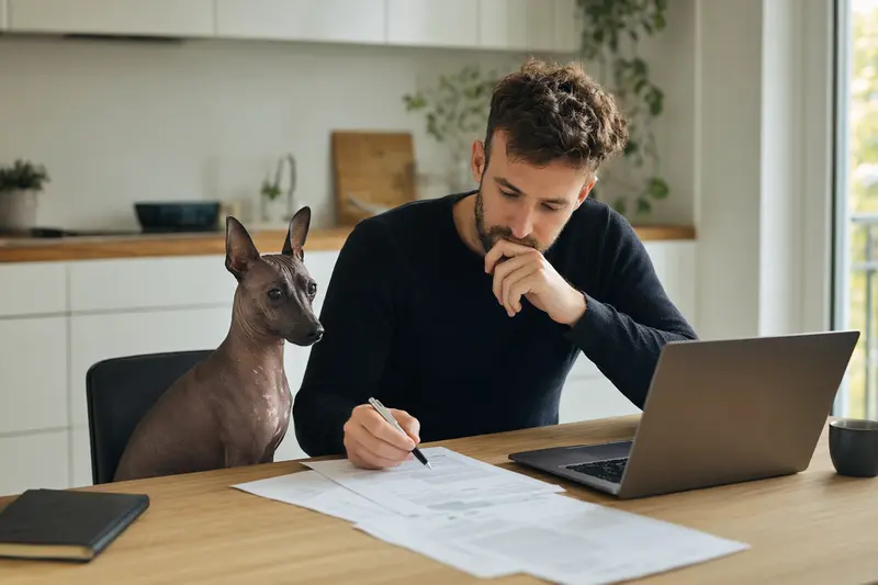 Ein American Hairless Terrier sitzt ruhig neben seinem Besitzer am Küchentisch, während Versicherungsunterlagen und ein Laptop mit einer Vergleichsseite vor ihm liegen.