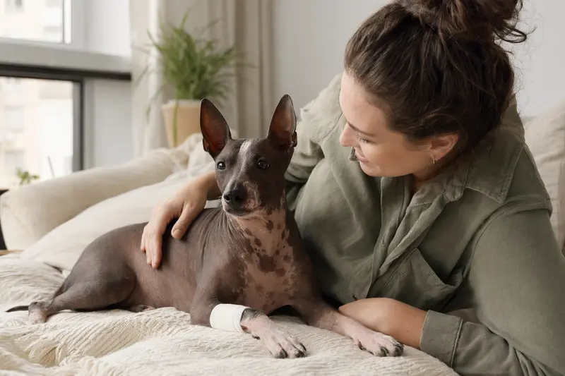 Ein American Hairless Terrier mit leichtem Verband an der Pfote liegt ruhig auf einer Decke, während sein Besitzer erleichtert neben ihm sitzt.