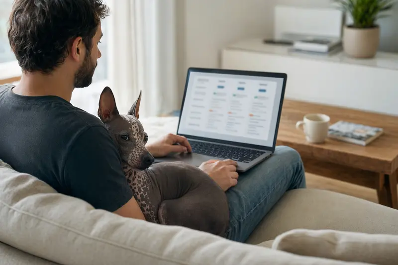 Besitzer sitzt mit Laptop auf dem Sofa neben einem American Hairless Terrier und vergleicht Tierversicherungen.