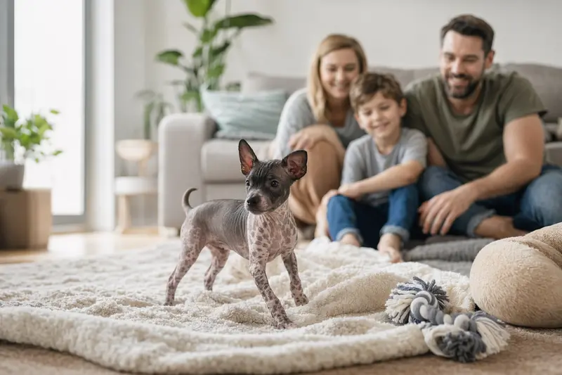 Ein neugieriger American Hairless Terrier Welpe erkundet aufgeregt sein neues Zuhause.