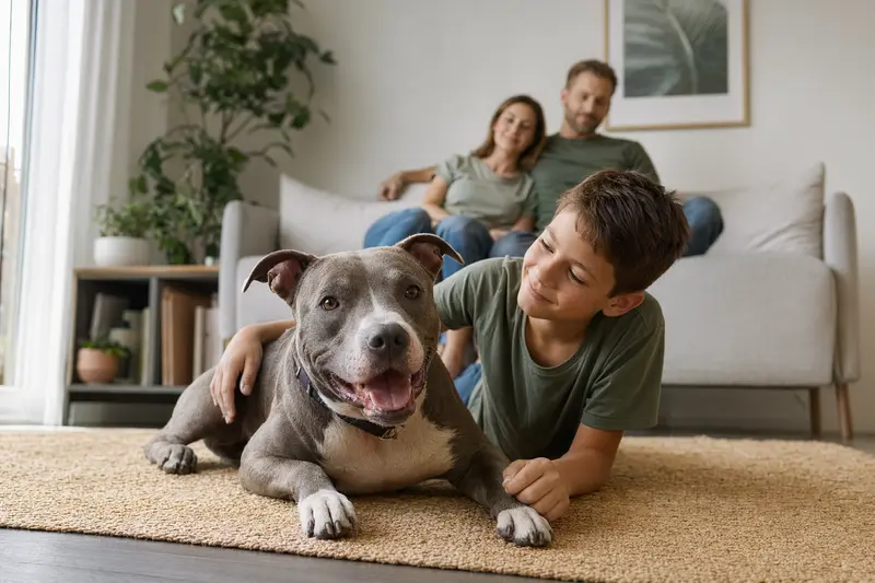 Ein freundlicher American Pit Bull Terrier liegt entspannt neben einem Kind und sorgt für eine harmonische Familienatmosphäre.