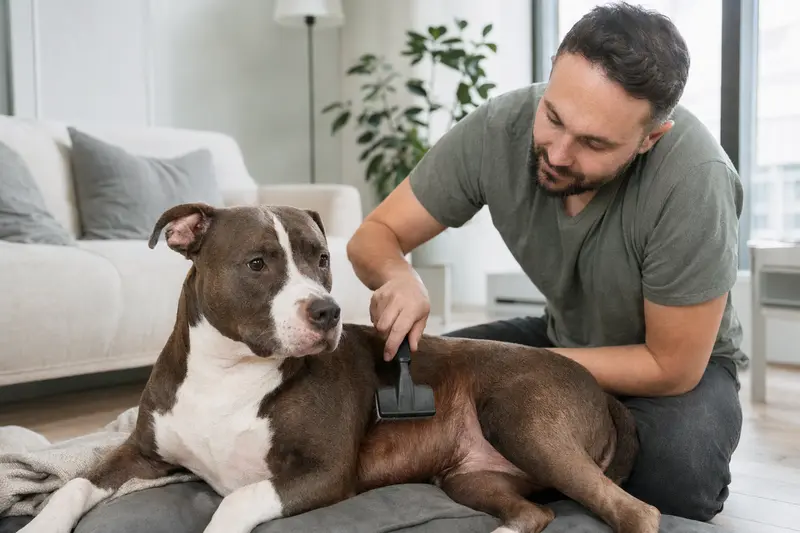 Ein American Pit Bull Terrier wird liebevoll von seinem Besitzer zuhause gebürstet, um die Fellpflege zu fördern.