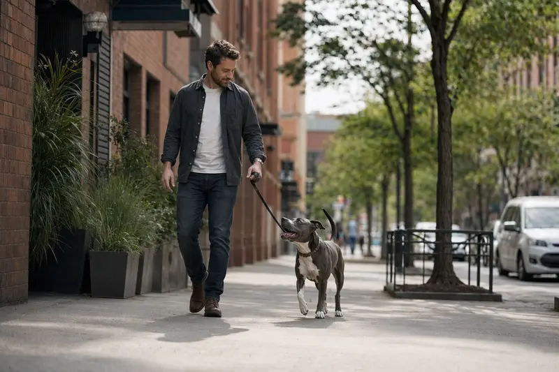 Ein American Pit Bull Terrier Hund läuft an der Leine mit seinem Besitzer durch eine moderne Stadtstraße.