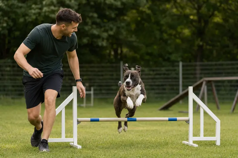 Ein American Pit Bull Terrier springt mit seinem Besitzer auf einem Hundeplatz über eine kleine Trainingshürde in sonniger Stimmung.