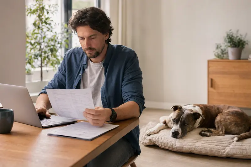 Ein entspannter American Pit Bull Terrier liegt auf einer Decke neben einem Tisch mit einer Tierarztrechnung, während der Besitzer sorgsam plant.