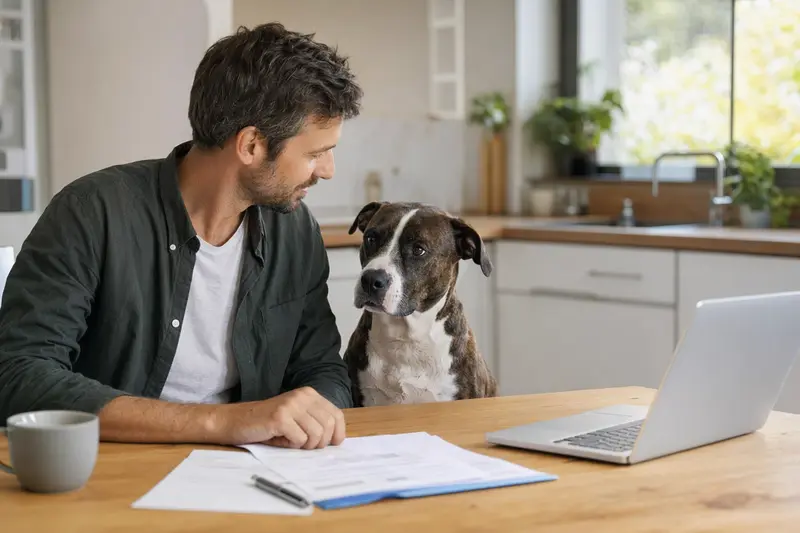 Ein American Pit Bull Terrier sitzt ruhig neben seinem Besitzer am Küchentisch, während Versicherungsunterlagen und ein Laptop mit Vergleichsseite auf dem Tisch liegen.