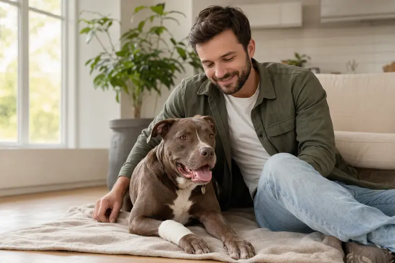 Ein ruhiger American Pit Bull Terrier mit einem leichten Verband an der Pfote liegt auf einer Decke, während sein Besitzer erleichtert neben ihm sitzt.