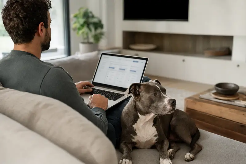 Besitzer sitzt mit Laptop auf dem Sofa, während sein American Pit Bull Terrier entspannt daneben liegt, symbolisiert die einfache Entscheidungsfindung für eine Tierkrankenversicherung.