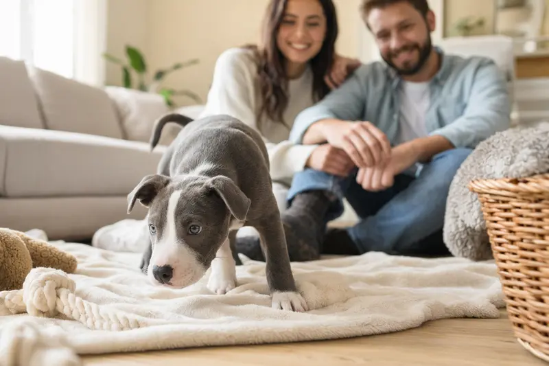 Ein neugieriger American Pit Bull Terrier Welpe entdeckt sein neues Zuhause auf einer weichen Decke mit Spielzeug und liebevoller Familie im Hintergrund.
