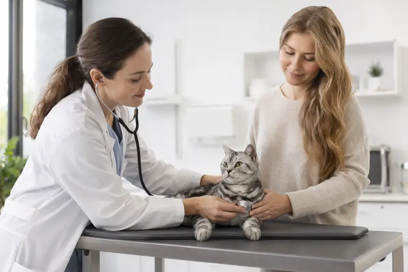 Eine American Shorthair Katze wird von einer freundlichen Tierärztin in einer modernen Praxis untersucht.