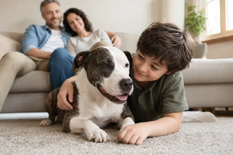 Ein freundlicher American Staffordshire Terrier liegt entspannt neben einem Kind im Wohnzimmer, während die Eltern im Hintergrund eine warme Familienatmosphäre schaffen.