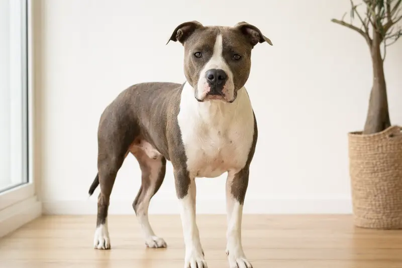 Aufmerksamer American Staffordshire Terrier steht in natürlicher Haltung vor hellem Hintergrund.