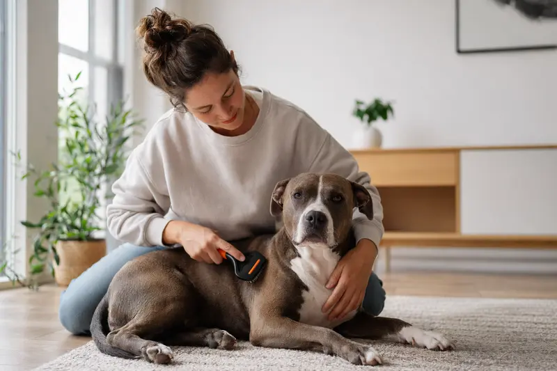 Ein American Staffordshire Terrier wird in einer hellen Wohnung sanft gebürstet, während sich sein Besitzer liebevoll um die Fellpflege kümmert.